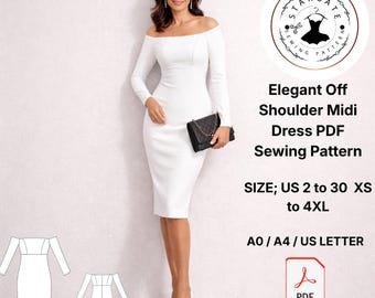 Elegant Off Shoulder Midi Dress PDF Sewing Pattern (Digital Download)