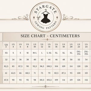 May include: A Stargate Sewing Pattern size chart in centimeters. The table lists US sizes 2 through 30, international sizes XS to 4XL+, and European sizes 32 to 60. It includes rows for bust, waist, and hip measurements in centimeters for each size.