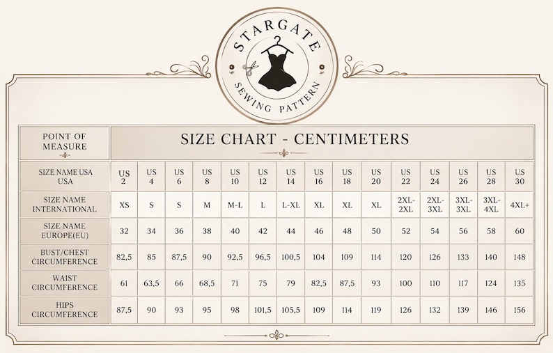 May include: A Stargate Sewing Pattern size chart in centimeters. The table lists US sizes 2 through 30, international sizes XS to 4XL+, and European sizes 32 to 60. It includes rows for bust, waist, and hip measurements in centimeters for each size.
