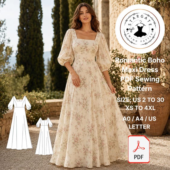 boho maxi dress sewing pattern Romantic PDF Pattern, Square Neck Puff Sleeve Digital bohemian maxi dress pattern