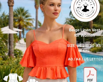 Modello di cucito per top peplo in lino color corallo, camicetta con maniche a balze in stile boho (download digitale)