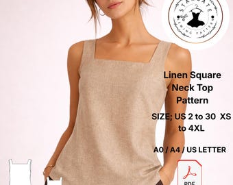 Naaipatroon linnen vierkante halstop, mouwloze tanktop pdf, minimale zomerblouse