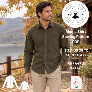 Może przedstawiać: Koszula z długim rękawem w kolorze oliwkowym z kieszenią na piersi, zestawiona z beżowymi spodniami. Tekst głosi: Stargate Sewing Pattern, Men's Shirt Sewing Pattern PDF, Size US 36 to 56 S to 4XL, A0 / A4 / US Letter, PDF. Zawiera rysunek techniczny.