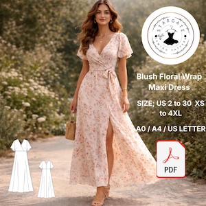 May include: A blush floral wrap maxi dress with a V-neckline and a thigh-high slit. The dress features a tie waist and short sleeves. The image also includes a PDF icon and the text "Blush Floral Wrap Maxi Dress" and "SIZE: US 2 to 30 XS to 4XL".