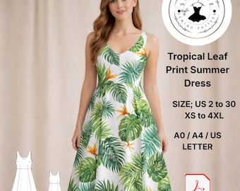 Patrón de costura para vestido de verano con estampado de hojas tropicales (descarga digital)
