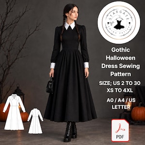 May include: A black long-sleeved dress with a white collar and white cuffs, featuring a fitted bodice and a full-length skirt. The image includes text: Stargate Sewing Pattern, Gothic Halloween Dress Sewing Pattern, Size; US 2 to 30, XS to 4XL, A0 / A4 / US Letter, PDF.