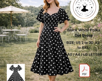 Zwart-wit polkadot-naaipatroon, vintage midi-jurk jaren 50 (digitale download)