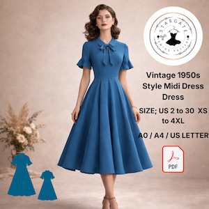 1950s Style Midi Dress Sewing Pattern, Bow Collar (PDF, US 2-4XL, A4/A0