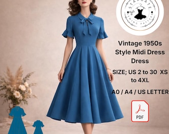 Naaipatroon midi-jurk in jaren 50-stijl, strikkraag (pdf, VS 2-4XL, A4/A0)