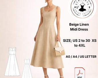 Naaipatroon beige linnen midi-jurk, A-lijn mouwloos (digitale download)