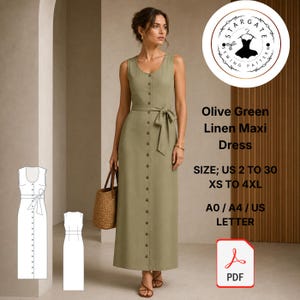 Olive Green Linen Maxi Dress Sewing Pattern (Digital Download)
