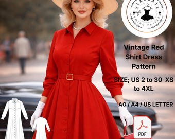 1950s Style Red Shirt Dress Pattern, Button Down Midi Sewing (PDF)