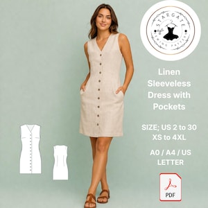 Pode incluir: Vestido sem mangas de linho bege com decote em V, botões e bolsos. O vestido é mostrado em uma modelo. A imagem inclui um logotipo de padrão de costura e o texto: "Vestido sem mangas de linho com bolsos". Tamanhos: XS a 4XL.