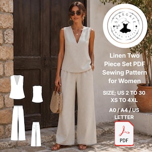 May include: A beige linen two-piece set consisting of a sleeveless V-neck top and wide-leg trousers. The image includes a Stargate Sewing Pattern logo, text reading Linen Two Piece Set PDF Sewing Pattern for Women, sizes US 2 to 30, and PDF icons.