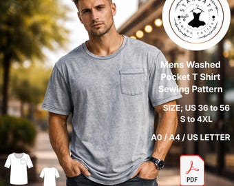 Patrón de costura para camiseta de hombre con bolsillo, lavado, corte relajado (PDF, descarga digital)