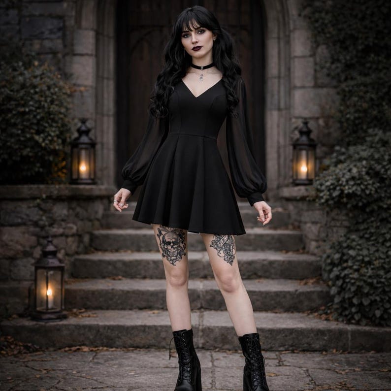 May include: A black mini dress featuring a V-neckline, long sheer bishop sleeves with fitted cuffs, and a flared skirt. The dress is paired with a black choker necklace and black lace-up platform boots, creating a cohesive dark aesthetic.