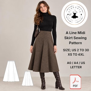 A-Line Midi Skirt Sewing Pattern, Wool Fabric, Winter Sewing (PDF)