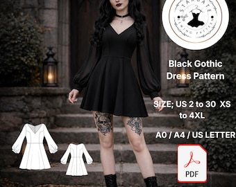 Zwart gotisch jurkpatroon, donkerromantisch, Victoriaanse stijl, alternatieve mode (pdf-download)