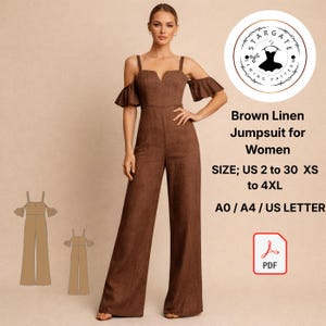 May include: A brown linen jumpsuit with a V-neckline and off-the-shoulder sleeves. The image includes a sewing pattern diagram and the text "Brown Linen Jumpsuit for Women". The size range is US 2 to 30, XS to 4XL.