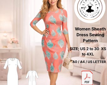 Patrón de costura para vestido tubo de mujer, corte midi ajustado, manga tres cuartos, tallas estadounidenses 2-30 (descarga digital)