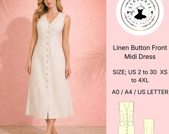 Linen Button-Front Midi Dress Sewing Pattern (A4/A0/US Letter)