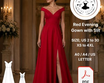 Red Evening Gown Sewing Pattern, Off Shoulder Slit Maxi Dress (Digital Download)