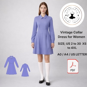 May include: A periwinkle vintage collar dress with long sleeves and a pleated skirt. The dress is shown on a model, with a sewing pattern diagram and text that reads "Vintage Collar Dress for Women" and size information.