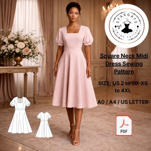 May include: A woman wears a light pink midi dress with a square neckline and short, puffed sleeves. The dress has a fitted bodice and a flared skirt. The image includes a sewing pattern with the text "Square Neck Midi Dress Sewing Pattern".