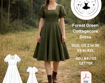 Bosgroene cottagecore-jurk naaipatroon, vintage midi-pofmouw (digitale download)