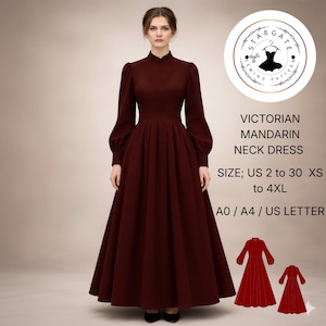 May include: A burgundy Victorian Mandarin neck dress with long sleeves and a high neckline. The dress has a fitted bodice and a full skirt. The image includes the text "VICTORIAN MANDARIN NECK DRESS" and size information.