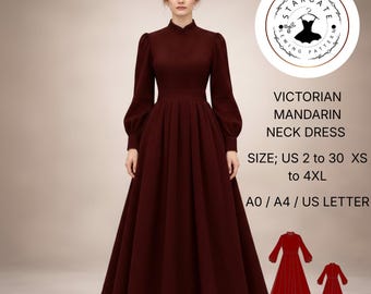 Vintage Maxi Dress Sewing Pattern, High Neck, US Sizes 2-30(PDF Pattern)