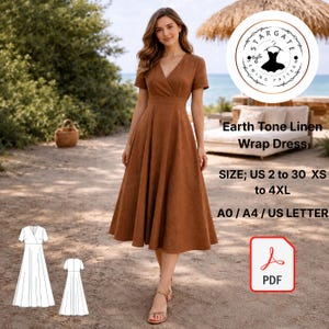 Linen Wrap Dress Sewing Pattern – Earth Tone Midi, US Sizes 2-30 Digital