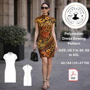 Może przedstawiać: Kobieta w sukience z krótkim rękawem i wysokim dekoltem z żywym polinezyjskim wzorem w odcieniach pomarańczy, żółci i czerni. Obraz zawiera wzór szycia z tekstem "Polynesian Dress Sewing Pattern" i szczegółami rozmiaru.