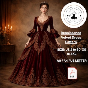 May include: A deep red velvet dress with long tiered sleeves and a sweetheart neckline, featuring intricate gold embroidery. Text reads: Stargate Sewing Pattern, Renaissance Velvet Dress Pattern, SIZE; US 2 to 30 XS to 4XL, A0 / A4 / US LETTER, PDF.