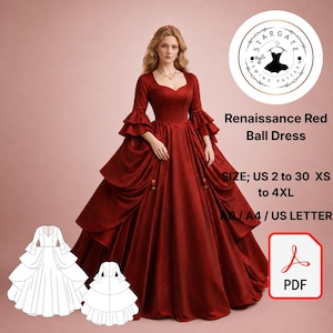 May include: A Renaissance Red Ball Dress sewing pattern featuring a deep red gown with long tiered sleeves and a full skirt. Includes text: Stargate Sewing Pattern, Renaissance Red Ball Dress, SIZE; US 2 to 30 XS to 4XL, A0 / A4 / US LETTER, PDF.