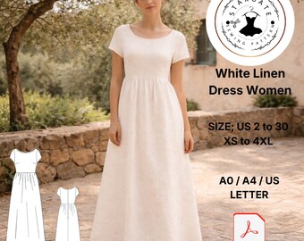 White Linen Maxi Dress Sewing Pattern, Cottagecore Boho Style (Digital Download)