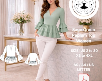 Sage Green Peplum Top Sewing Pattern, Ruffle Sleeve Blouse (Digital Download)