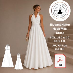 May include: A white halter neck maxi dress with a flowing skirt. The dress features a V-neckline and a fitted waist. The image includes a logo with the text "Elegant Halter Neck Maxi Dress" and size details.