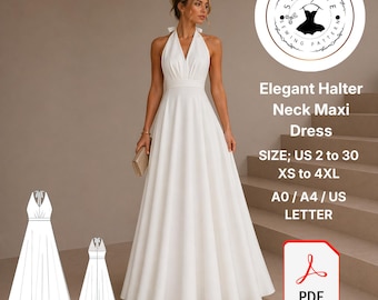 Halter Neck Maxi Dress Sewing Pattern, Minimal Bridal Gown (Digital Download)
