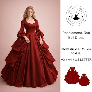 Puede incluir: Un vestido de baile rojo renacentista con escote cuadrado, mangas con volantes y falda amplia. El vestido es de color rojo intenso y tiene detalles decorativos. Incluye el texto "Renaissance Red Ball Dress" y tallas.