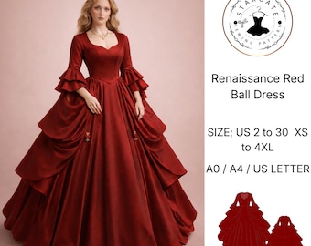 Rode renaissance baljurk naaipatroon, historisch kostuum (digitale download A4/A0/VS)