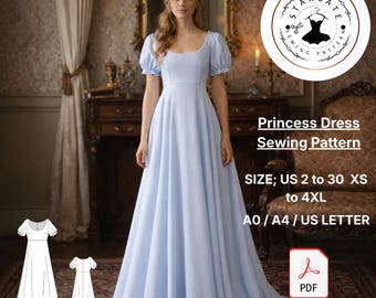 Princess Dress Sewing Pattern, Empire Waist, Puff Sleeve, Regency Cottagecore (PDF)