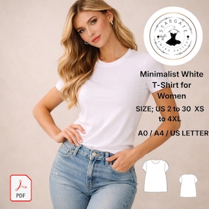 Könnte beinhalten: Ein weißes, minimalistisches T-Shirt mit kurzen Ärmeln. Das Bild enthält den Text "Minimalist White T-Shirt for Women" und Größenangaben. Ein PDF-Symbol befindet sich unten links. Das Model trägt eine blaue Jeans.