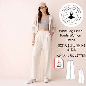 Könnte beinhalten: Eine Frau trägt ein hellbeige Outfit, darunter eine Hose aus Leinen mit weitem Bein und eine passende Jacke, kombiniert mit weißen Turnschuhen. Das Bild enthält Text mit der Aufschrift "Wide Leg Linen Pants Women Dress" und Größenangaben.
