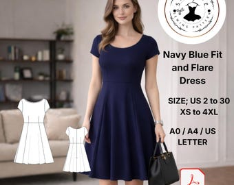 Patrón de costura para vestido azul marino entallado y con vuelo (descarga digital)