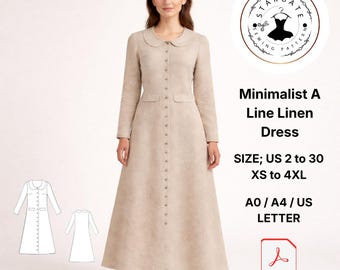 Minimalist A Line Linen Dress Pattern, Peter Pan Collar Midi, Button Front (Digital Download)