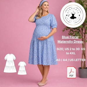 Può includere: Abito premaman blu floreale con maniche corte e gonna a balze. L'abito presenta uno scollo tondo e un corpetto aderente. L'immagine include anche un diagramma del modello e il testo "Blue Floral Maternity Dress".