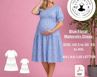 Blue Floral Maternity Dress Sewing Pattern (Digital Download)