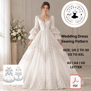Puede incluir: Un vestido de novia blanco con mangas largas, puños con volantes y falda amplia con bordados plateados. El texto dice: Stargate Sewing Pattern, Wedding Dress Sewing Pattern, Size; US 2 to 30, XS to 4XL, A0 / A4 / US Letter, PDF.