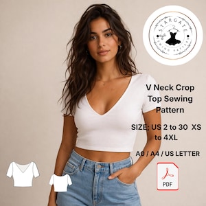 May include: A white V-neck crop top sewing pattern. The image includes the text "V Neck Crop Top Sewing Pattern" and size details: US 2 to 30, XS to 4XL. The pattern is available in A0, A4, and US Letter formats.